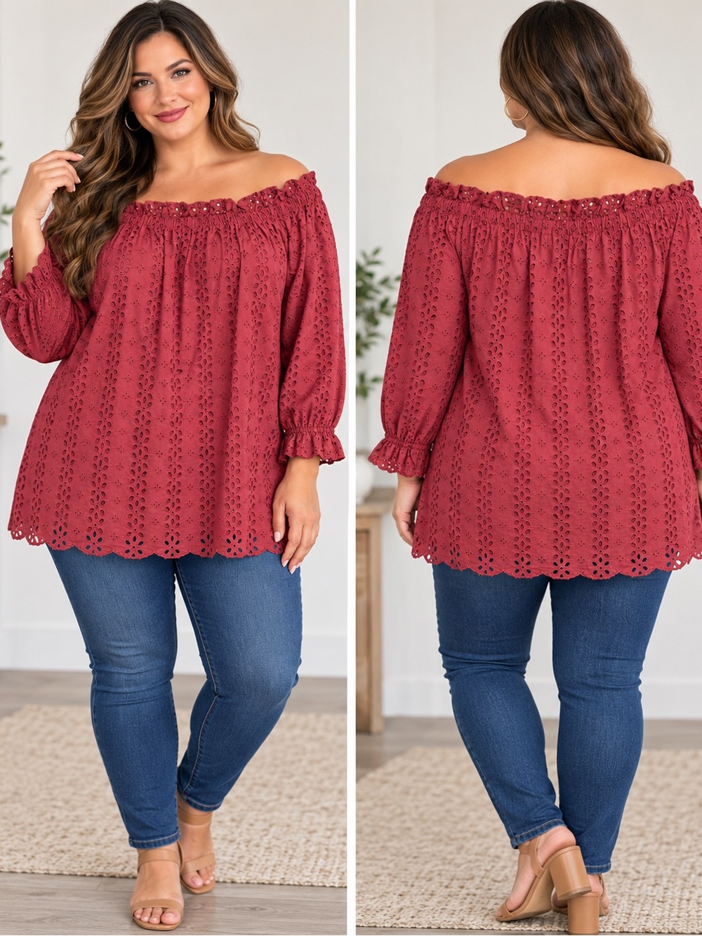 Lane Bryant Burgundy Eyelet Off Shoulder Tunic Top 22/24 Boho Ruffle Sleeves